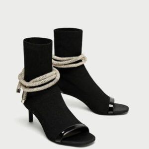 ZARA NEW SOCK HIGH HEEL ANKLE BOOTS WITH GOLD CORD in 7.5
